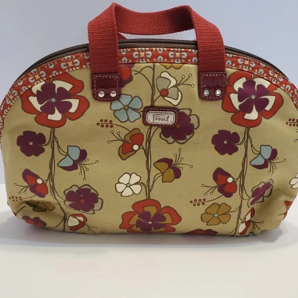 Fossil Floral Canvas Satchel Tan and Red Cosmetic Bag Duo New